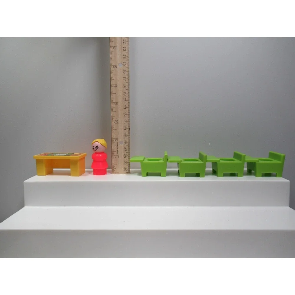 Fisher Price Vintage Little People Red school teacher green chairs yellow desk